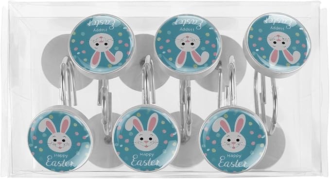 Easter Cute Bunny Rabbit Crystal Glass Shower Curtain Hooks for Bathroom Shower Rod, 12Pcs Round Home Decorative Shower Curtain Rings, Blue Bathroom Bedroom Living Room Accessories