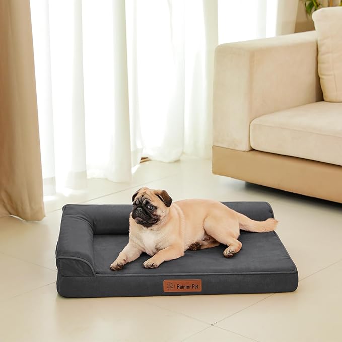 Orthopedic Memory Foam Dog Bed, Removable Washable Microsuede Cover, TPU Waterproof Liner, Nonskid Bottom, for Indoor, Outdoor, Crate & Car Use, 30x20x6 Inches, Dark Grey