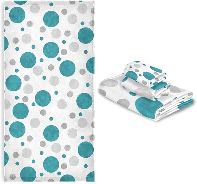 Bath Towels Set,Soft Absorbent Blue Aqua Teal Gray White Polka Dots Abstract Circles Classic Contemporary Design 3 Piece Luxury Bathroom Towels,1 Bath Towel,1 Hand Towel,1 Washcloth for Spa