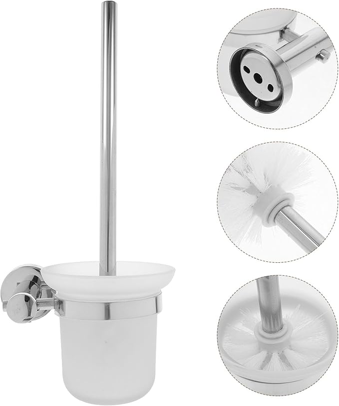 IMIKEYA Stainless Steel Toilet Brush and Holder Set, Heavy Duty Long Handle Toilet Bowl Cleaning Brush with Glass Cup Holder for Bathroom Accessories and Deep Cleaning