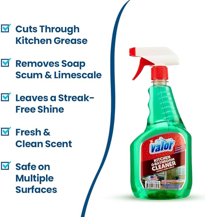 Valor Kitchen & Bathroom Cleaner Spray – Multi-Surface Degreaser & Limescale Cleaning Solution, Eco-Friendly Biodegradable Formula, (32 Fl Oz (Pack of 6))
