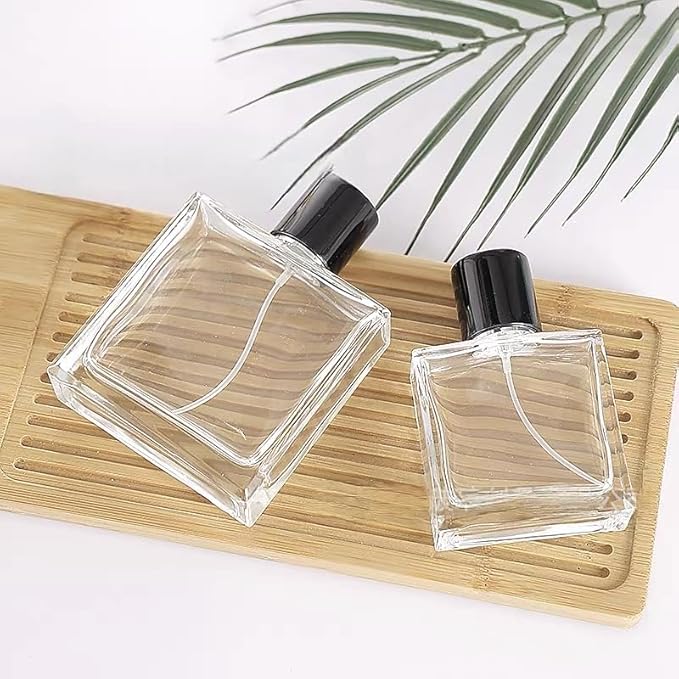 Glass Perfume Bottle Empty Refillable 8Pack Clear Travel Perfume Spray Atomizer Bottle 50ml Perfume Fine Mist Spray Perfume Bottle Atomizer Container with Sprayer Applicator (Flat Square 50ml 8PCS)