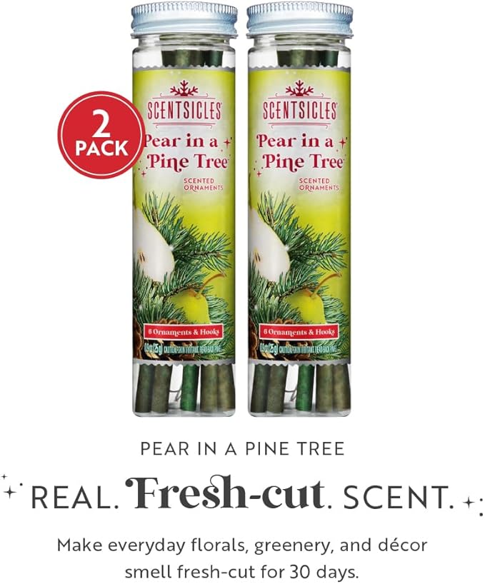 Scentsicles Pear in Pine Tree Scented Christmas Ornaments with Hooks - 2 Bottles (12 Sticks Total)