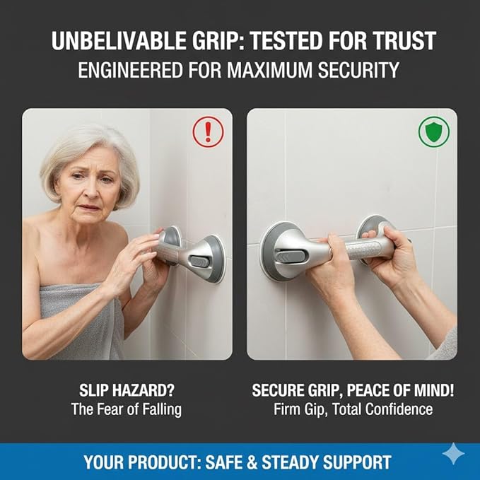 2 Pack Grab Bars for Bathtubs and Showers, Shower Handles for Elderly Seniors bar Safety 500 lbs Walls Handicap Heavy Duty Holder Hooks to Lift Large Tile Glass Suction Cups Tool