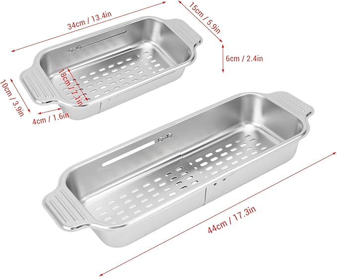 AYNEFY Extendable Over The Sink Basket Expandable Stainless Steel Colander 304 Food Grade Strainer for Washing Vegetables Fruits Pasta Dishes with Rubber Grip Handles (S)