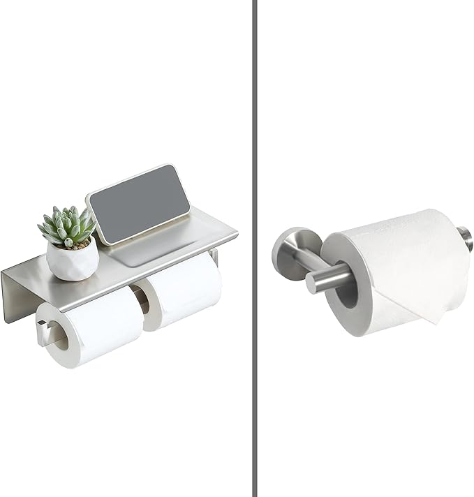 Alise Double Toilet Paper Holder,Bathroom Tissue Holder with Shelf,SUS304 Stainless Steel Toilet Paper Roll Holder Storage Dispenser,Self Adhesive or Wall Mount Drilling Paper Rack,Brushed Nickel