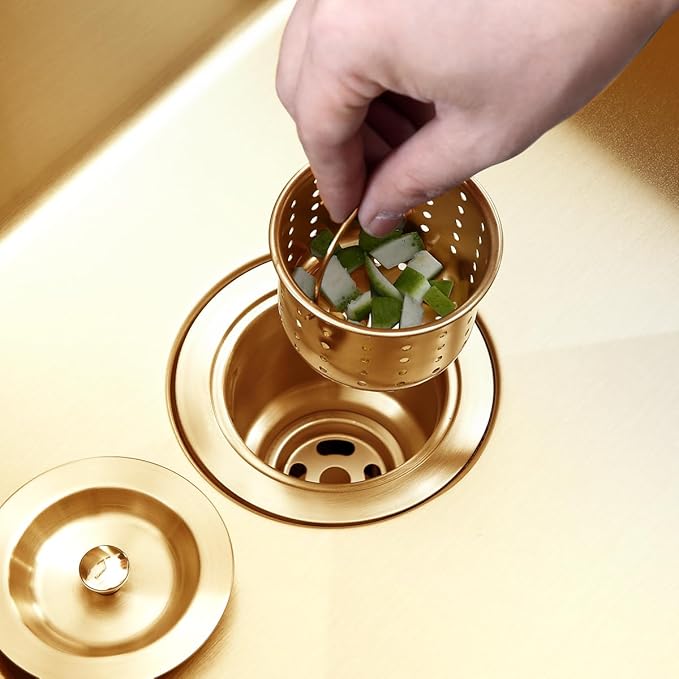 POPFLY 3-1/2 Inch Sink Drain Assembly Brushed 304 Stainless Steel Removable Deep Strainer Basket, Rust-Proof & Easy Install with Sealing Lid&Tailpiece, for Home/Bathroom/Commercial Sinks, Gold