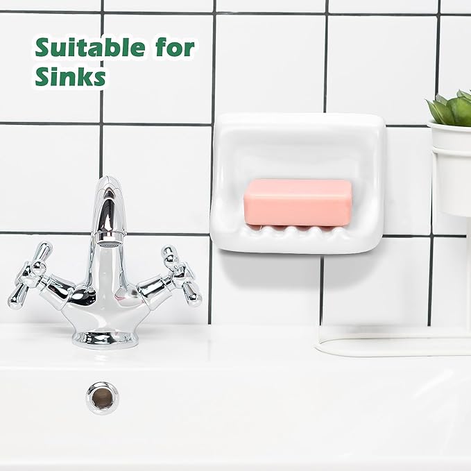 White Vintage Ceramic Soap Dish for Shower Wall,Retro Ceramic Soap Holder Porcelain Soap Tray for Home Bathtub Bathroom Sink Shower Wall-No Bumps on The Back, Surface Mounted