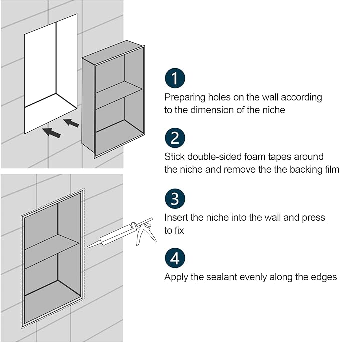Shower Niche, 12" x 24" White Bathroom Niche, No Tile Needed Wall Niche, Double Shelves Bathroom Organizer, Modern in Wall Two-Tier Niches, 304 Stainless Steel Recessed Shower Shelf