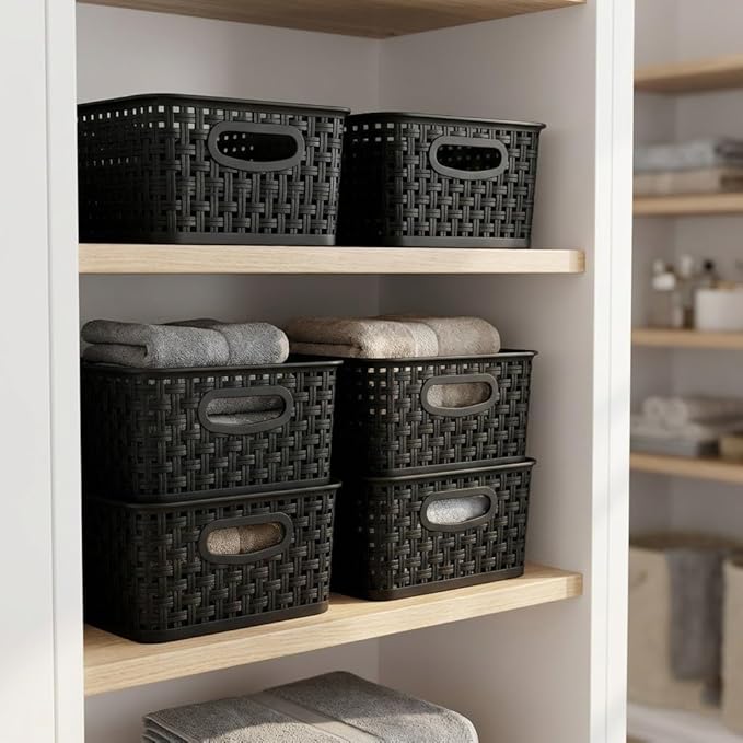 8 Pack Black Storage Baskets, Plastic Woven Organizer Baskets, Stackable Shelf Baskets for Closet, Pantry, Bathroom & Laundry Room