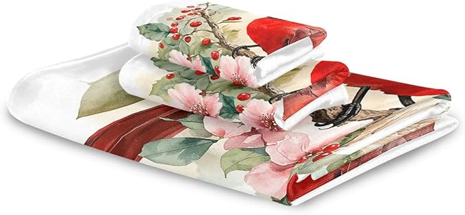 Pfrewn Christmas Winter Towels Set of 3 Red Cardinal Bird on Beautiful Flowers Bathroom Towel Soft Absorbent Bath Hand Towels Washcloth Guest Towel Sets Xmas Holiday Decor