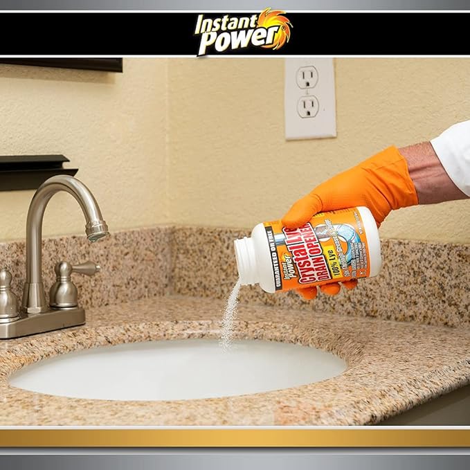Instant Power Crystal Lye Drain Opener, Lye Sodium Hydroxide, Unclogs Bathroom and Kitchen Sinks, Drains, Shower Pipes 1 Lb