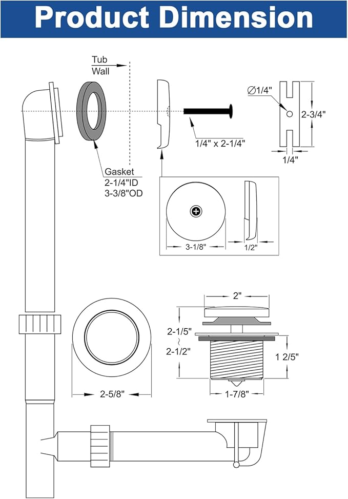 Brass Tip-Toe Tub Drain Kit with Basket Strainer and Single Hole Overflow Faceplate, Matte Black