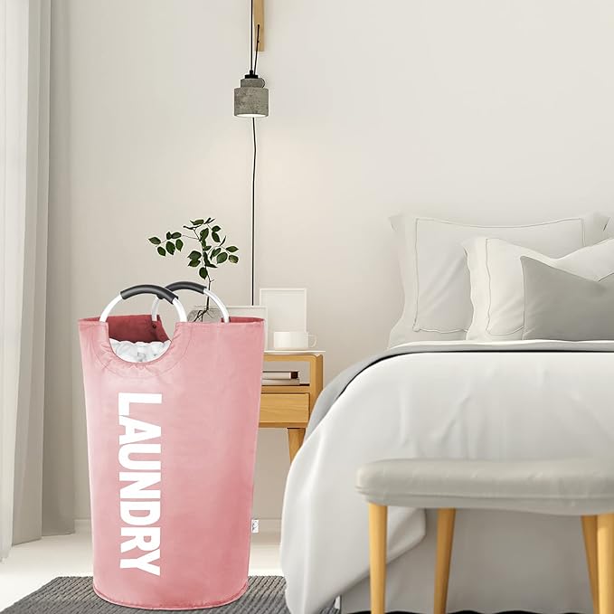 Large Laundry Basket Collapsible,Freestanding Clothes Hamper Bag with Handles – Tall Folding Dirty Laundry Bin,Sturdy Laundry Sorter for College Dorm,Laundry Room – 95L (Pink)