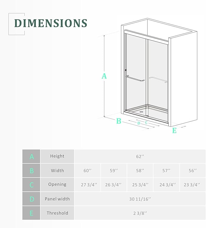 Satin Nickel 56-60'' W x 62'' H Bypass Sliding Bathtub Glass Shower Doors,Semi-Frameless Tub Shower Doors with 1/4 in. Clear Tempered Glass,Silver Stainless Steel Handles for Towel
