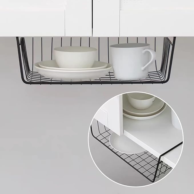 8 PACK Hanging Under Shelf Storage Basket Kitchen Cabinet Organizer Storage, Slides Under Wire Shelves for Counter Pantry Desk Bookshelf,Black