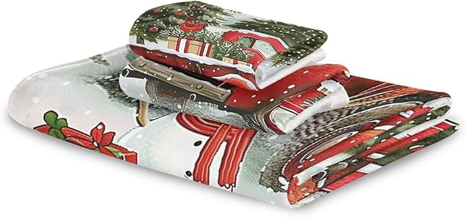 Pfrewn Snowman Red Truck Xmas Tree Towels Set of 3 Christmas Winter Bathroom Towel Soft Absorbent Bath Hand Towels Washcloth Guest Towel Sets Merry Christmas Xmas Bathroom Decor Gifts