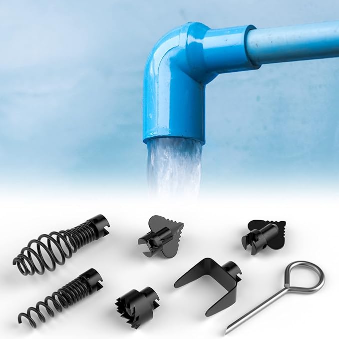 FEITON 7PCS Drain Cleaner Combination Cutter Head Set,16mm Manganese Steel Spring Automatic Locking Drain Dredging Cutter Head Accessories for Drain Cleaning Machines