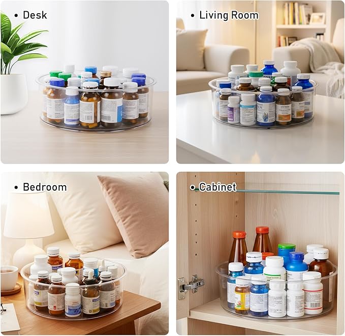 Medicine Bottle Organizer, Rotating Medicine Organizer for Cabinet, 9" Diameter, Transparent Rotary Turntable Organizer for Empty Pill Bottles Medication Supplements Vitamins