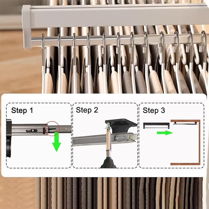 Pull Out Closet Valet Rod, Adjustable Sliding Heavy Duty Steel Top Mounted Clothes Storage Hanger Rail for Closet Wardrobe (597mm/23.5inch)