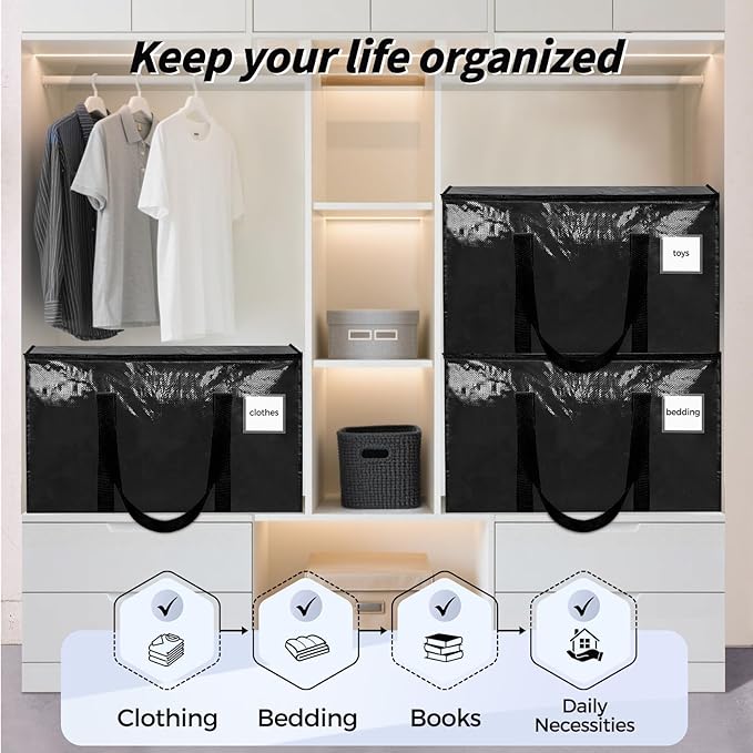 16 Pack Extra Large Heavy Duty Moving Bags, Black Storage Bins with Lids, Reinforced Handles & Heavy-Duty Zippers Moving Boxes Storage Bags Totes for Clothes Packing, Dorms, College Supplies, Black