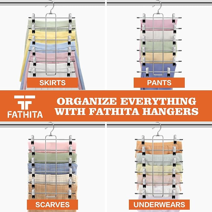 Closet-Organizers-and-Storage,6 Tier Pants-Hangers-Space-Saving,Skirt-Hangers with Clips for Closets Organizer,College-Dorm-Room-Essentials,4 Pack Closet Storage Clothes Shorts Hanger (4 Pack-Silver)