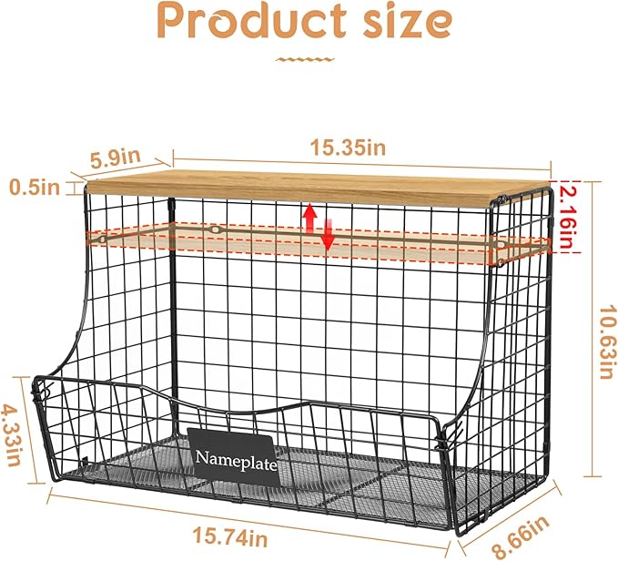 3 Pack Extra Large Fruit Basket for Kitchen with Wood Lid Nameplate - Counter&Wall Mounted Onion and Potato Storage Bin, Stackable Metal Hanging Wire Baskets,15.35 * 8.66 * 10.63 inch
