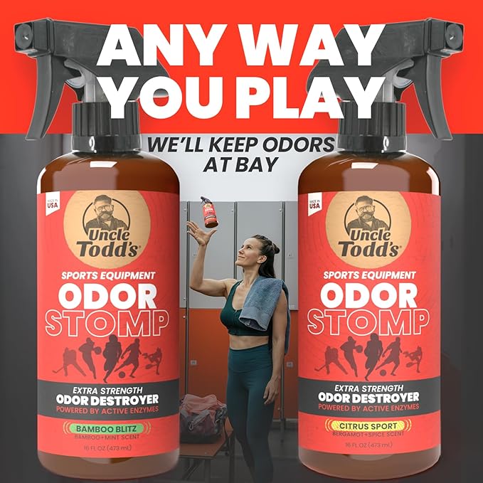 Uncle Todd’s Odor Stomp Sports Equipment Odor Eliminator Spray - Extra Strength Enzyme-Powered Deodorizer for Football, Hockey, Gym Bags, and Athletic Gear - Bamboo Blitz Scent - 16 oz