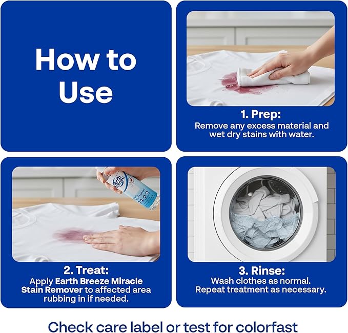 Earth Breeze Miracle Stain Remover Spray – Powerful All-In-One Solution - Removes Virtually All Household Stains – No Harsh Chemicals – Made in USA – Effective Tough Stain Eliminator – 4fl oz (2 pack)