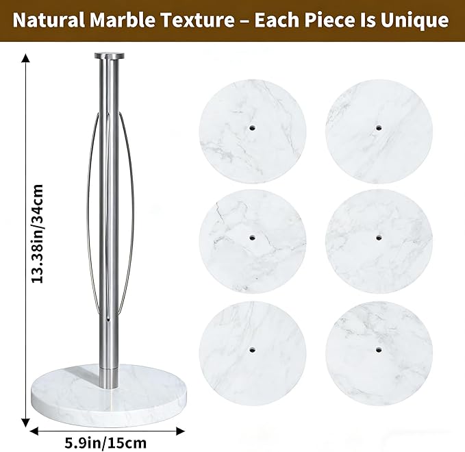 Weighted Marble Paper Towel Holder Countertop, Standing Paper Roll Holder with Non-Slip Base for Kitchen, One-Handed Tear, Elastic Centering Wire (Marble, Stainless Steel)