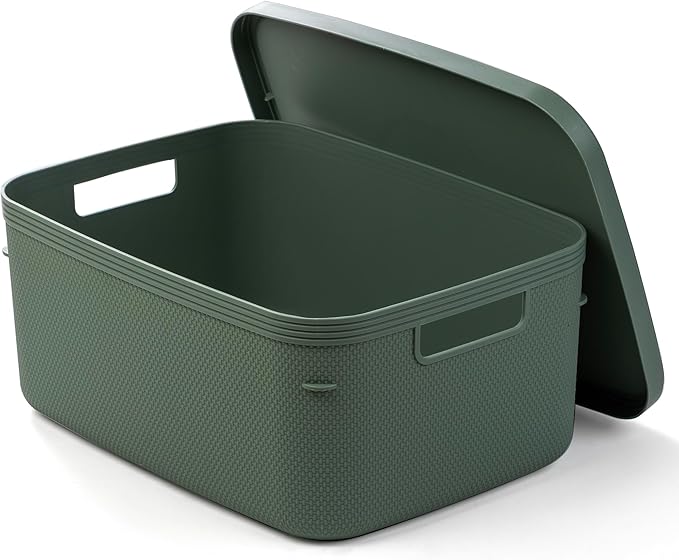 BINO | Plastic Storage Bins with Lids, 13 Liter - 3 Pack, Desert Green | THE TWILL COLLECTION | Plastic Bins for Organization | Woven Storage Baskets for Organizing | Pantry Shelf Organizer Basket Bin