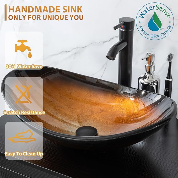 eclife 36" Modern Bathroom Vanity Sink Combo Freestanding Cabinet with Small Side Cabinet, Brown Boat Glass Vessel Sink, Water Save Faucet, Drain (Black+A29BR)