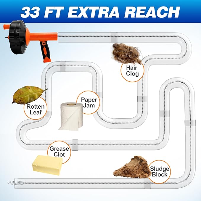 Auto Feed Drain Auger with Gloves, 33 Ft Drain Snake Hair Clog Remover, Heavy Duty Plumbing Snake Drain Clog Remover for Bathroom Sink, Bathtub Drain, Shower Cleaning