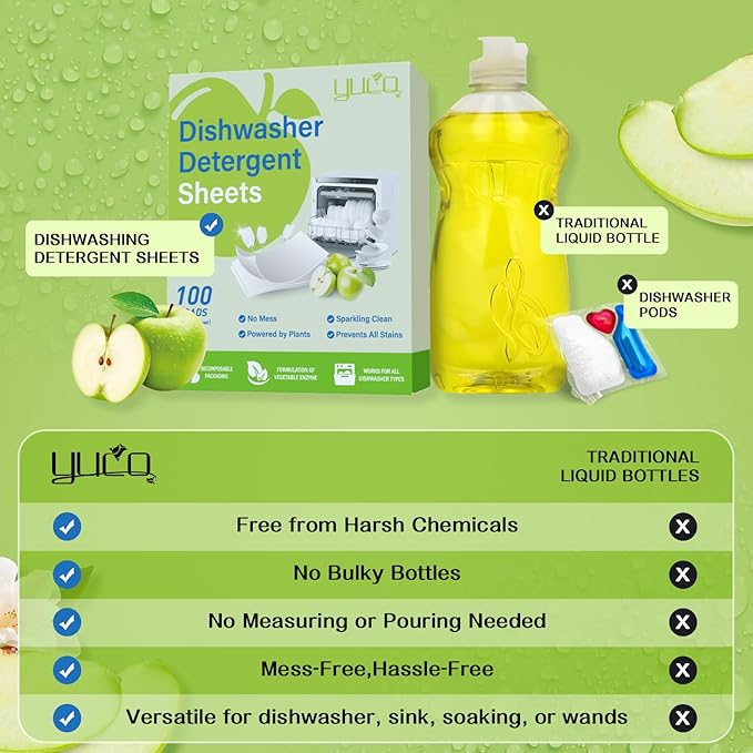 YUCO Dishwasher Detergent Sheets 100 Loads, Liquid-Free Dish Soap Cleaner Strips Eco-Friendly No Plastic Dishwasher Pods Detergent, Use in Dishwasher or Sink, Leaving Dishes Sparkling Clean (Apple)