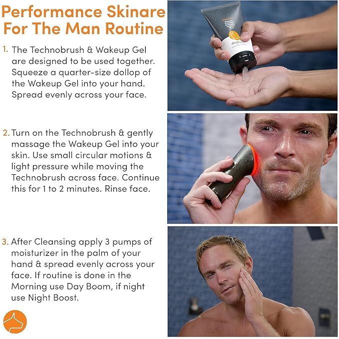 Dogface Essentials Kit Plus Technobrush & Wakeup Gel Cleanser Men’s Red Light Electric Facial Brush with Silicone Bristles to Exfoliate, Cleanse, Hydrate & Tone Skin Daily – Free Shower Caddy 5.3oz