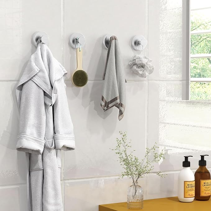 Suction Cup Hooks for Shower, Heavy Duty Towel Hooks for Walls No Damage, Modern Shower Suction Hooks for Kitchen Bathroom Wall, Glass, Mirror, Tile, Hanging Towels Robes, Brushed Nickel (2 Pack)