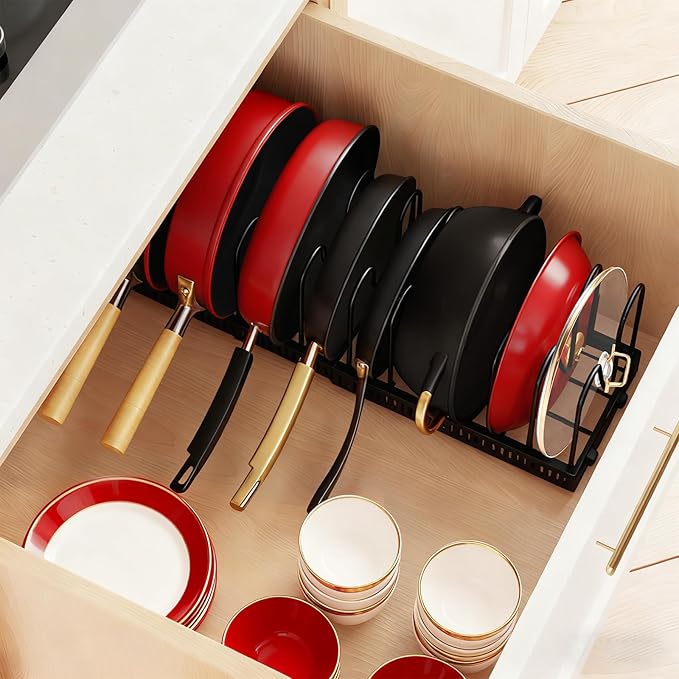 Under Cabinet Pot and Pan Organizer - Expandable (11.8"-22.8") Kitchen Cabinet Storage Rack with 13 Adjustable Dividers for Lids, Cutting Boards & Baking Sheets - Tool-Free Assembly, Black