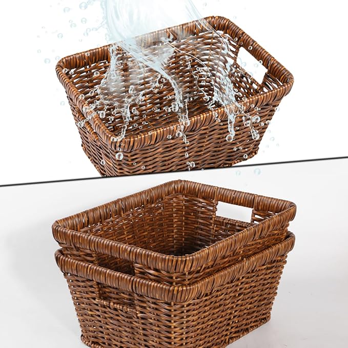 2pcs Wicker Storage Basket for Shelf, Waterproof Large Storage Baskets Bins with Handles, Stackable Rectangle Baskets for Shelves, Closet, Pantry, Laundry Organizing, Toffee
