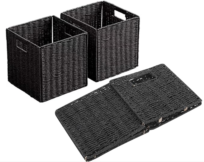 10.5x10.5in Storage Basket, 1 Pack Black Paper Rope Woven Baskets,Foldable Handwoven Storage Cubes,Wicker Cube Baskets Laundry Organizer Totes for Bathroom, Bedroom, Laundry, Pantry, Shelves
