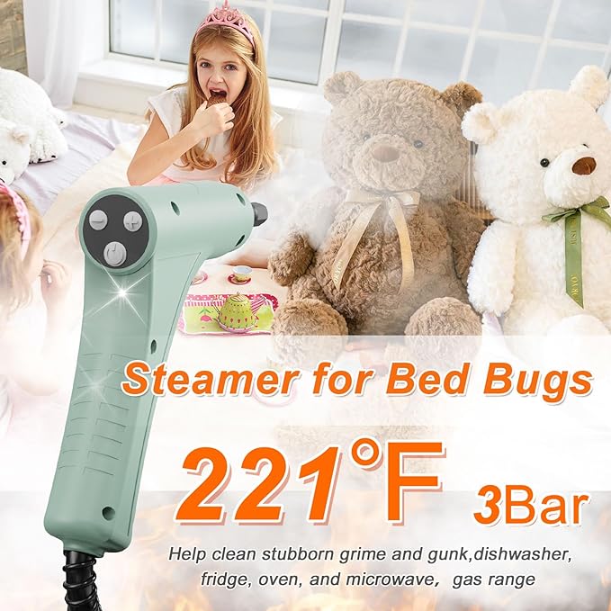 Steam Cleaner, Handheld Steam Cleaner with 6 Levels Adjustable Handle, 1.5L Water Tank, Steamer for Cleaning, Portable Steam Cleaner for Home, Car, Furniture, Couch, Bed Bugs (Green)