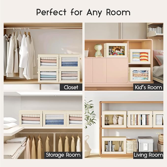 Collapsible Storage Bins with Lids - Stackable Storage Containers with Window, 3 Pack Fabric Organizing Bins for Closet, Home & Office Organization Baskets, Beige, 14.9" x 9.8" x 9.8"