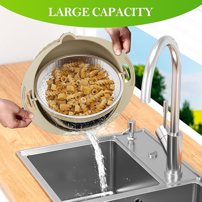 4-1 Colander with Bowl Set - Rotatable Strainers for Kitchen, Food Strainers and Colanders, Funny Presents for Women, Fruit Cleaner, Veggie Wash, Aesthetic Kitchen Gadget Essentials - Beige