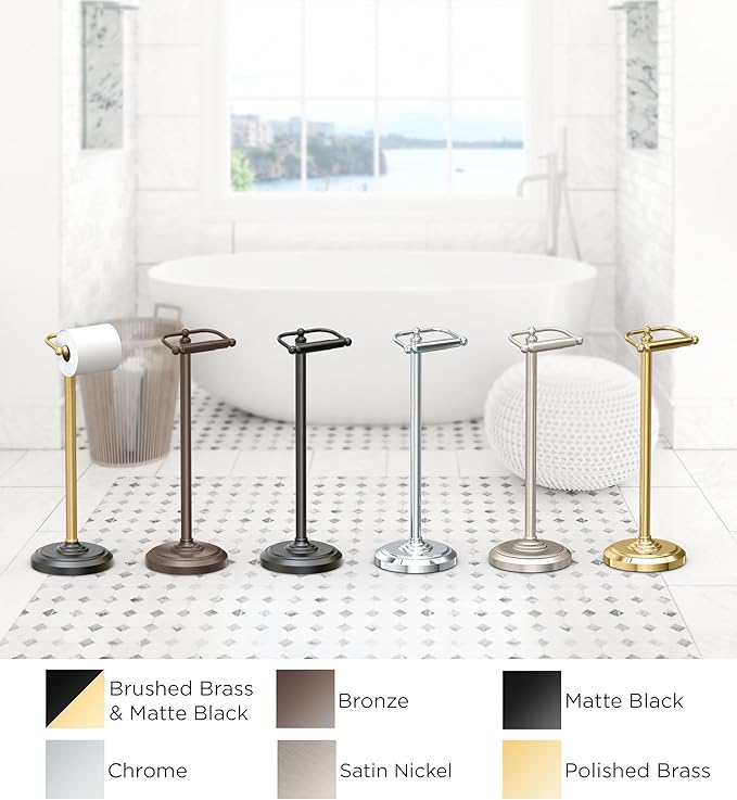 Gatco 1436MXB, Freestanding Toilet Paper Holder, 22” H, Matte Black Polished Brass/Floor Standing Weighted Base Toilet Paper Holder Stand