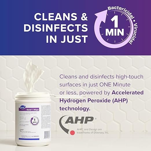 Oxivir Diversey 1 100850923 Disinfectant Cleaning Wipes, Pre-Moistened with Accelerated Hydrogen Peroxide AHP, Unscented, 160 Standard 6x7-Inch Wipes, 1-Canister