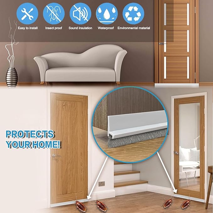 39-inch Door Draft Stopper with Brush - Adhesive Weather Stripping Seal for Exterior/Interior Doors | Under Door Sweep Blocks Drafts, Noise & Dust | Fits 1/4"-1" Gaps (Grey)