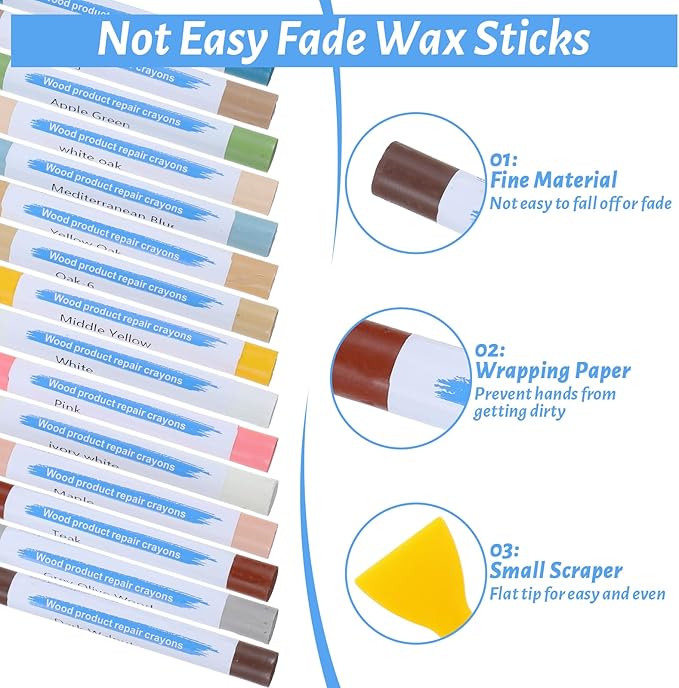 30+2Pieces Wood Filler Sticks, 30 Colos Wood Filler Putty Wax Crayons Furniture Repair Kit Putty Stick for Baseboard Cabinets Furniture Floors(with 2 Scrapers)