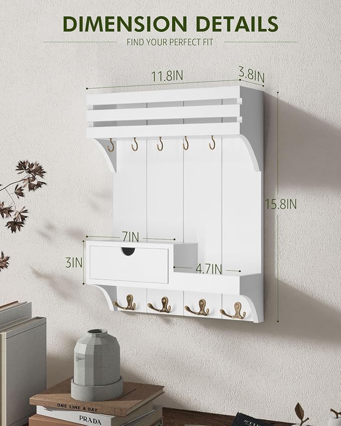 Rebee Vision Decorative Key Holder Wall Mount for Home Decor - Stylish Mail Organizer with 9 Key Hooks and Mini Drawer Organizer for Apartment Essentials - Room Decor Aesthetic (White)