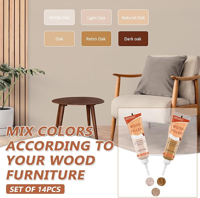 Natural Oak Wood Furniture Repair Kit, 6 Colors Wood Filler with Wood Putty, Wood Polish Wax for Holes, Scratches, Cracks, Stains, Restore Tables, Doors, Floors, Cabinet, Oak, Walnut - Set of 14