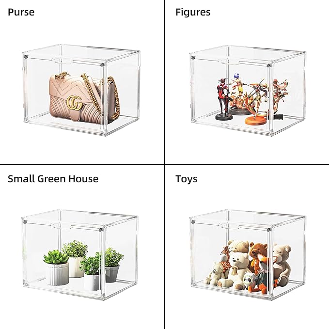 Clear Acrylic Display Case, Extra Large Stackable Storage Bins Magnetic Attraction Lids, 1 Pack Acrylic Box Showcase for Collectibles, Figures, Cosmetic, Purse, Handbag, Wallet, 10.7x10.2x14.2 inch