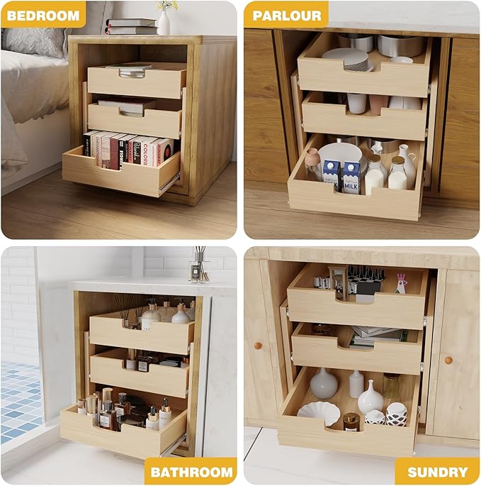 Pull Out Cabinet Organizer, 20''W×21''D×19''H Soft Close Slide Out Wooden Pull out Drawers, Three Tier Slide out Wood Cabinet Organizer, for Base Cabinet Organization in Kitchen, Pantry, Bathroom